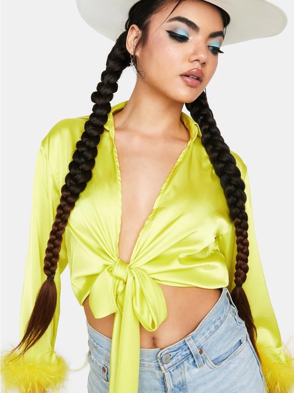 Chartreuse Satin Faux Feather Cuff 3/4 Sleeve Collared Tie Top